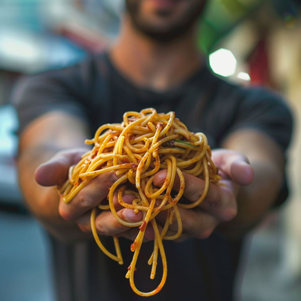Man holding handful of cooked spaghetti