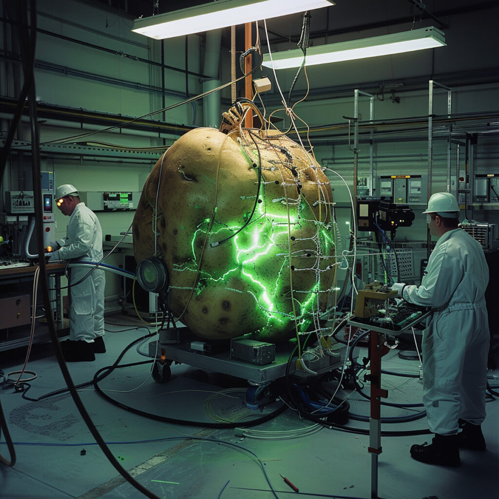 Researchers with giant green-glowing potato
