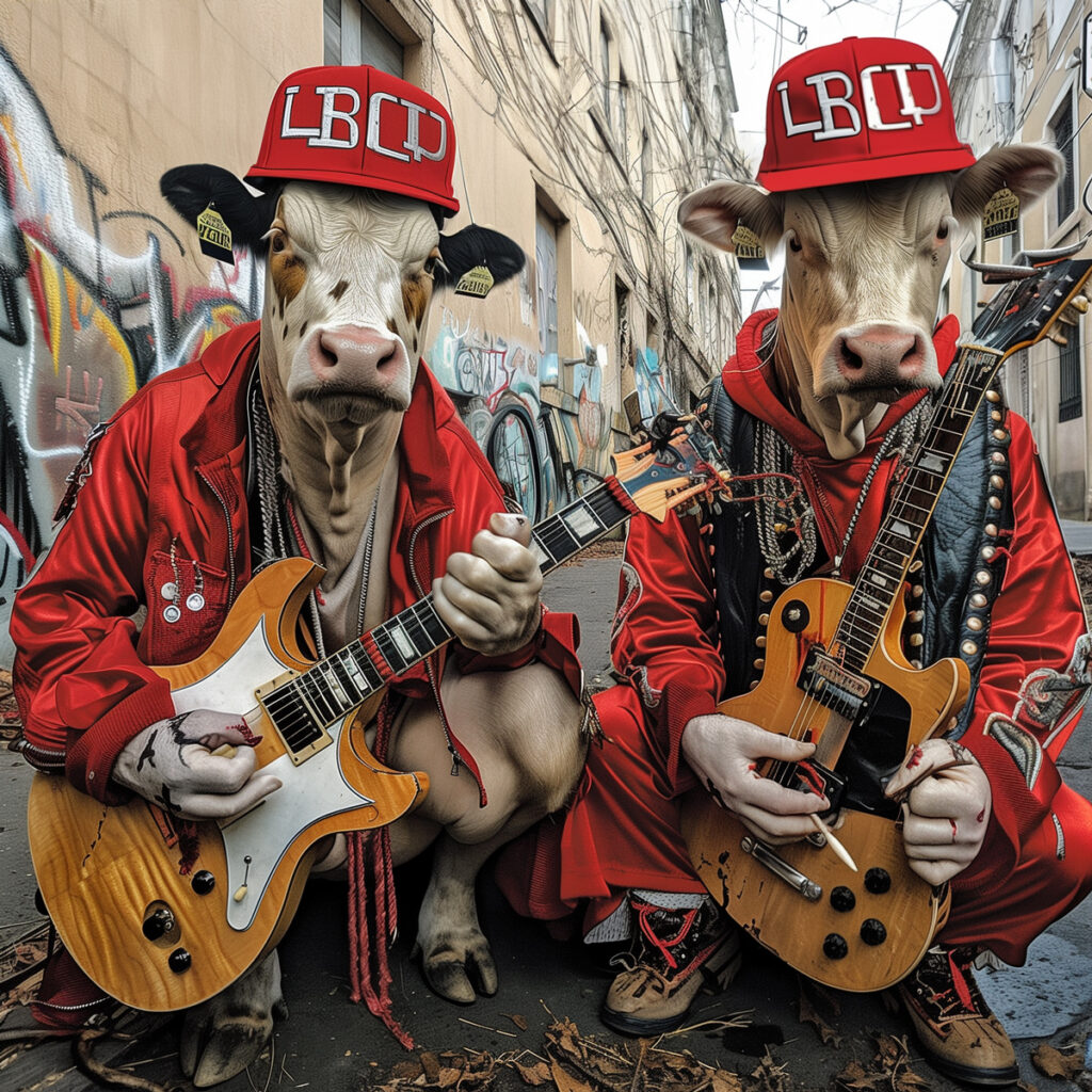 Cows with guitars in an alley