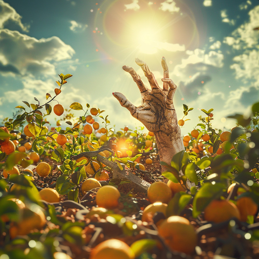 Damaged hand reaching out of citrus grove in front of sun