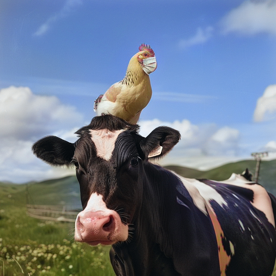 Chicken wearing mask on top of cow
