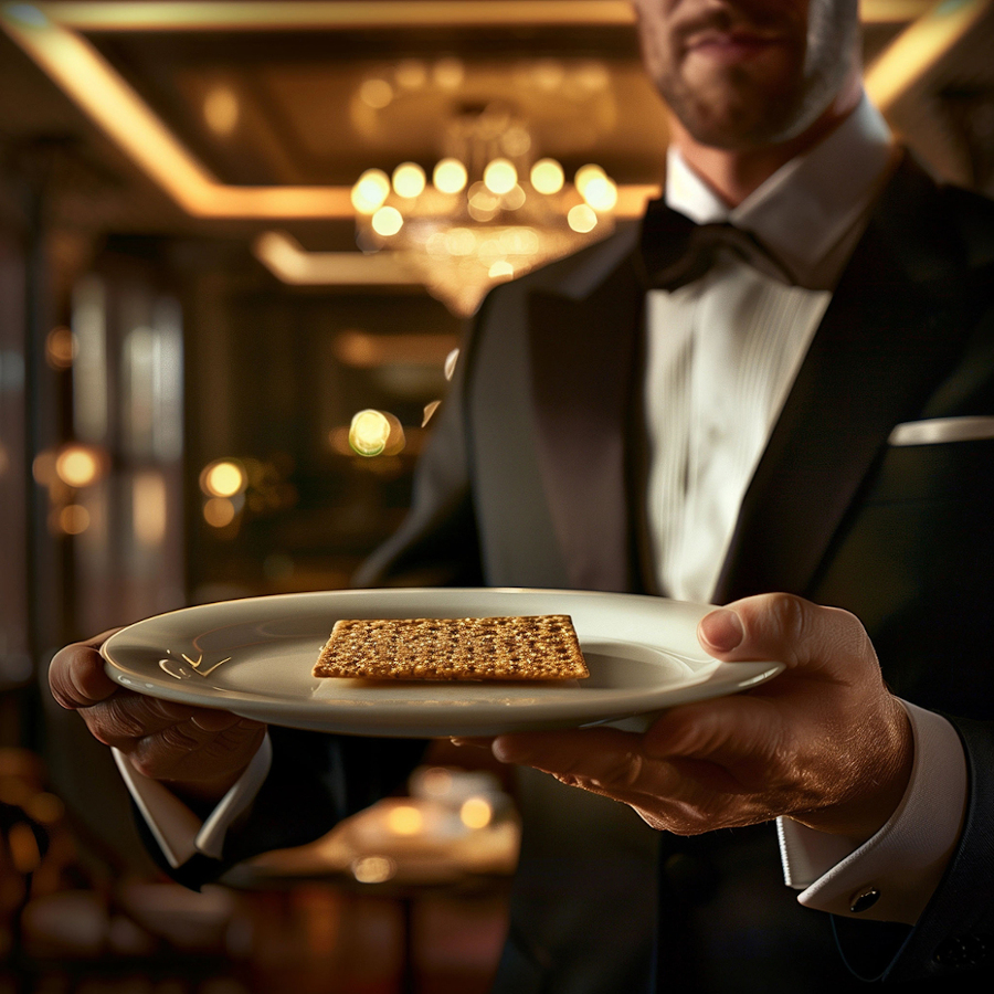 Waiter in tuxedo with cracker on plate
