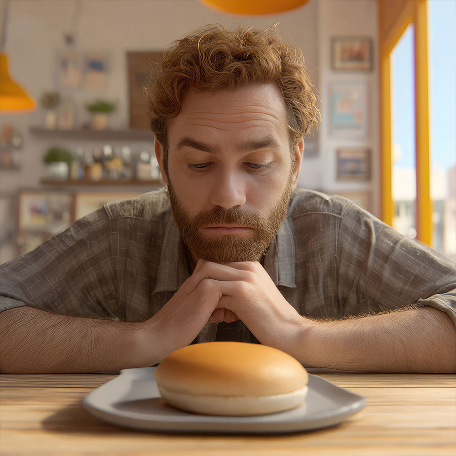 A bored unimpressed man staring at a nothing burger